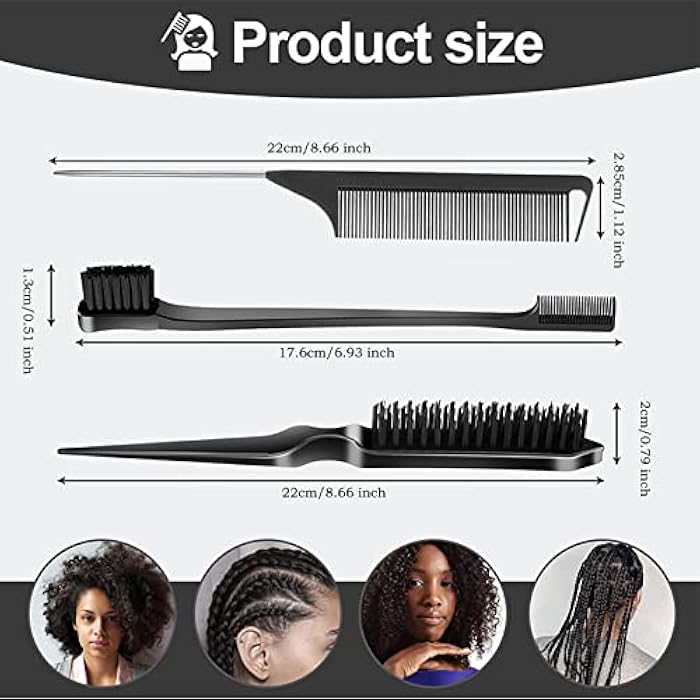 SWEET VIEW 3 Pcs Slick Back Hair Brush Set with Edge Brush, Bristle Brush, Rat Tail Comb, Teasing Brush Set for Smoothing Baby Hair & Flyaways - Black - Image 2